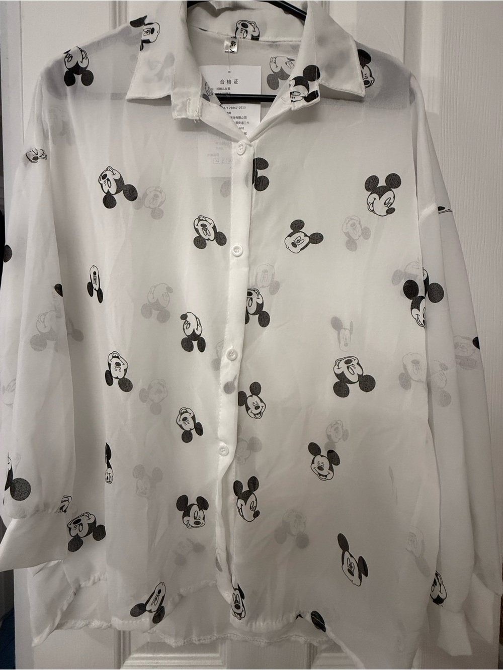Casual White Sheer Button-Down Shirt with MouseCharacter Print size xl